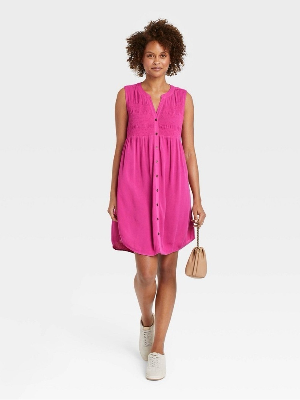 Knox Rose Sleeveless Smocked Button-Down Dress Berry Punch